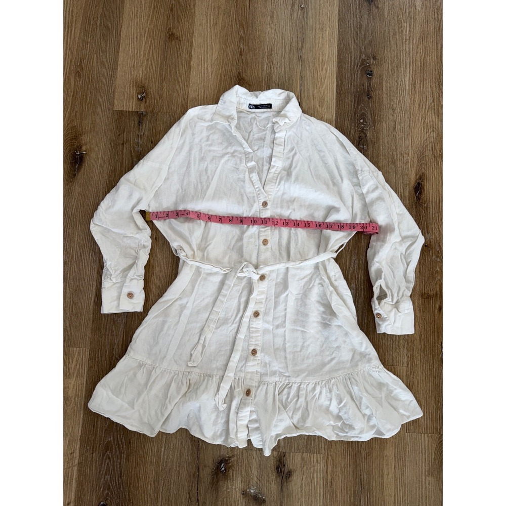 Zara Shirt Dress Womens Medium Cream Linen Blend Ruffle Hem Belted Excellent - Picture 3 of 9